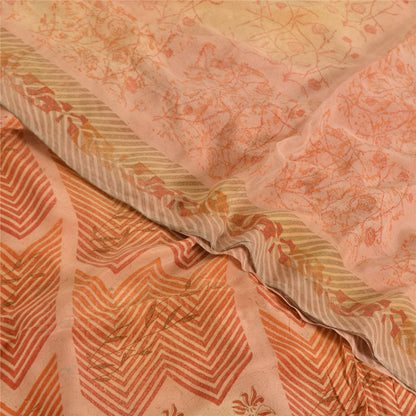 Sanskriti Vintage Sarees Peach Pure Crepe Silk Print Sari 5yd Soft Craft Fabric