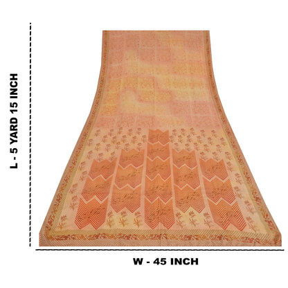 Sanskriti Vintage Sarees Peach Pure Crepe Silk Print Sari 5yd Soft Craft Fabric