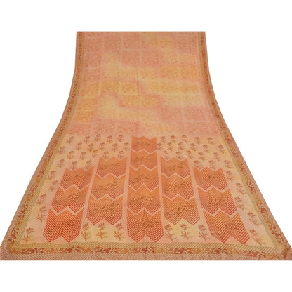 Sanskriti Vintage Sarees Peach Pure Crepe Silk Print Sari 5yd Soft Craft Fabric