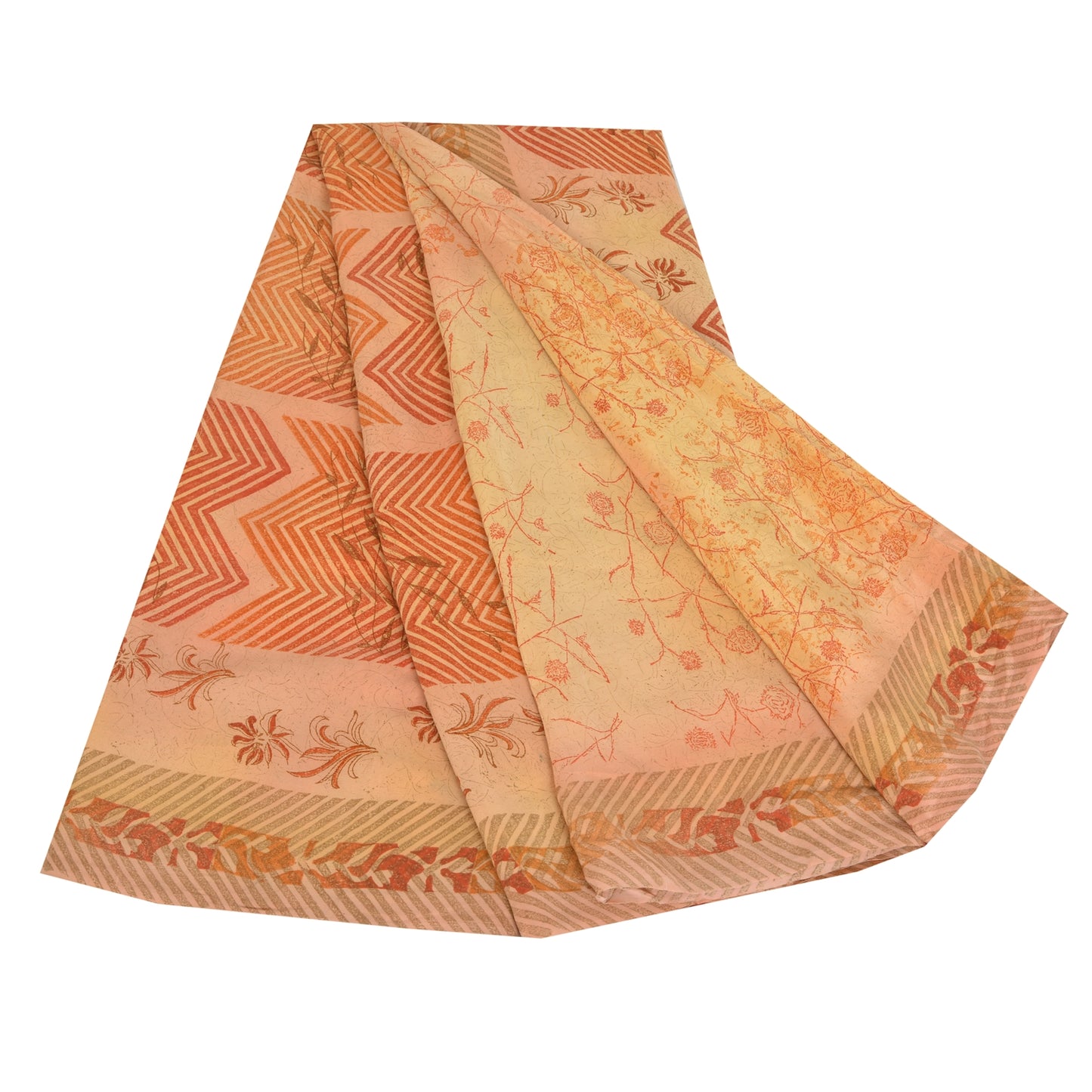 Sanskriti Vintage Sarees Peach Pure Crepe Silk Print Sari 5yd Soft Craft Fabric