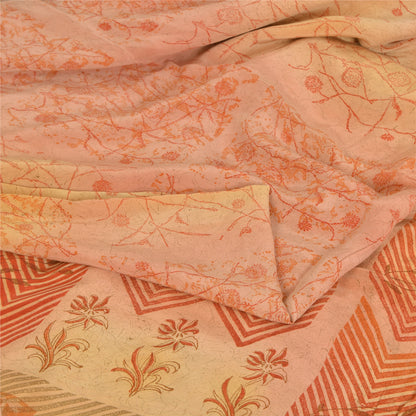 Sanskriti Vintage Sarees Peach Pure Crepe Silk Print Sari 5yd Soft Craft Fabric