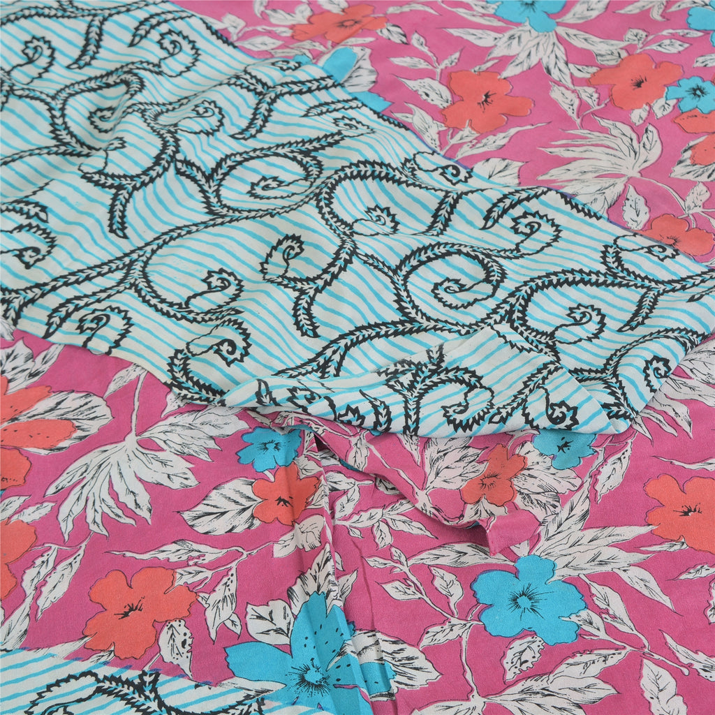 Sanskriti Vintage Sarees Blue/Pink Pure Crepe Silk Printed Sari 5yd Craft Fabric