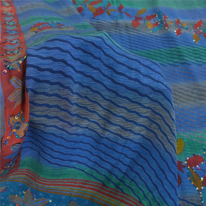 Sanskriti Vintage Sarees Blue/Green Embroidery Pure Crepe Silk Print Sari Fabric