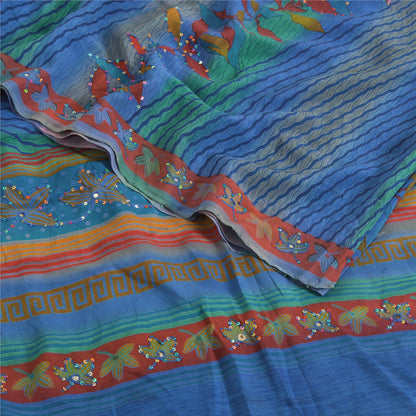 Sanskriti Vintage Sarees Blue/Green Embroidery Pure Crepe Silk Print Sari Fabric