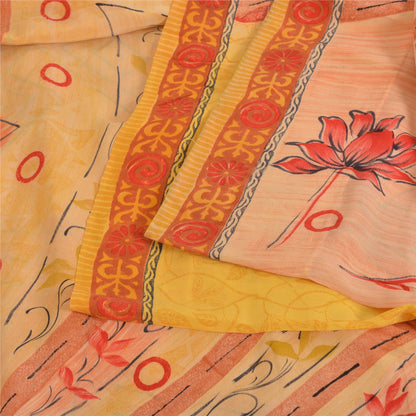 Sanskriti Vintage Sarees Yellow Pure Crepe Silk Printed Sari 5yd Craft Fabric