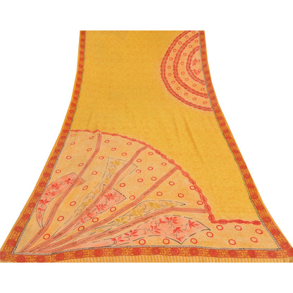 Sanskriti Vintage Sarees Yellow Pure Crepe Silk Printed Sari 5yd Craft Fabric