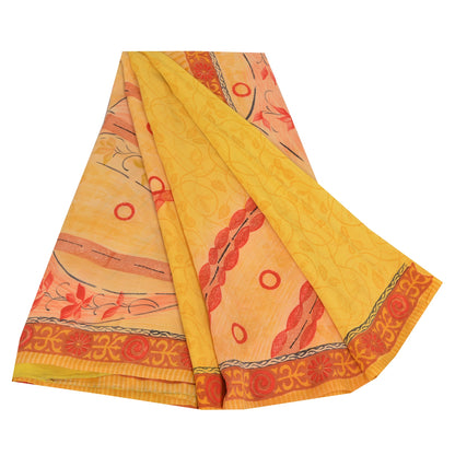 Sanskriti Vintage Sarees Yellow Pure Crepe Silk Printed Sari 5yd Craft Fabric