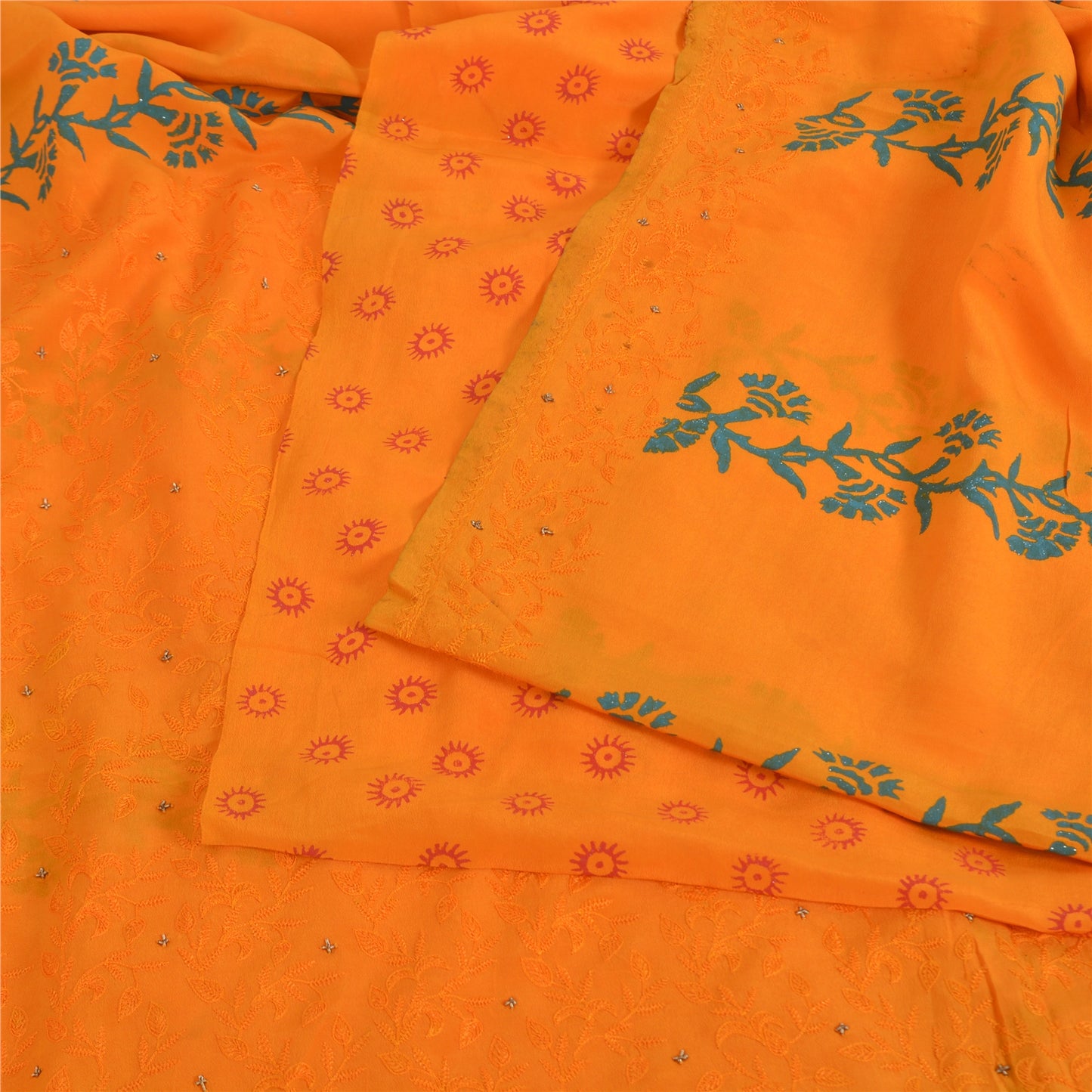 Sanskriti Vintage Sarees Hand Embroidery/Painted Saffron Pure Crepe Sari Fabric