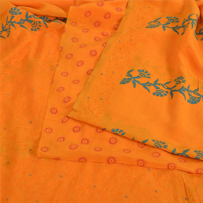 Sanskriti Vintage Sarees Hand Embroidery/Painted Saffron Pure Crepe Sari Fabric