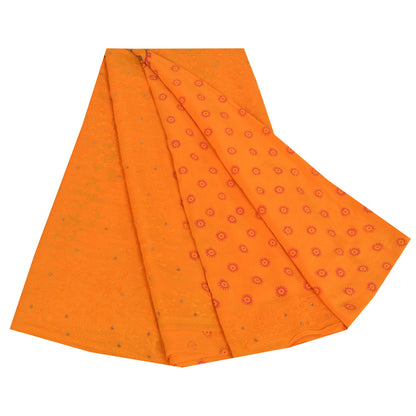 Sanskriti Vintage Sarees Hand Embroidery/Painted Saffron Pure Crepe Sari Fabric