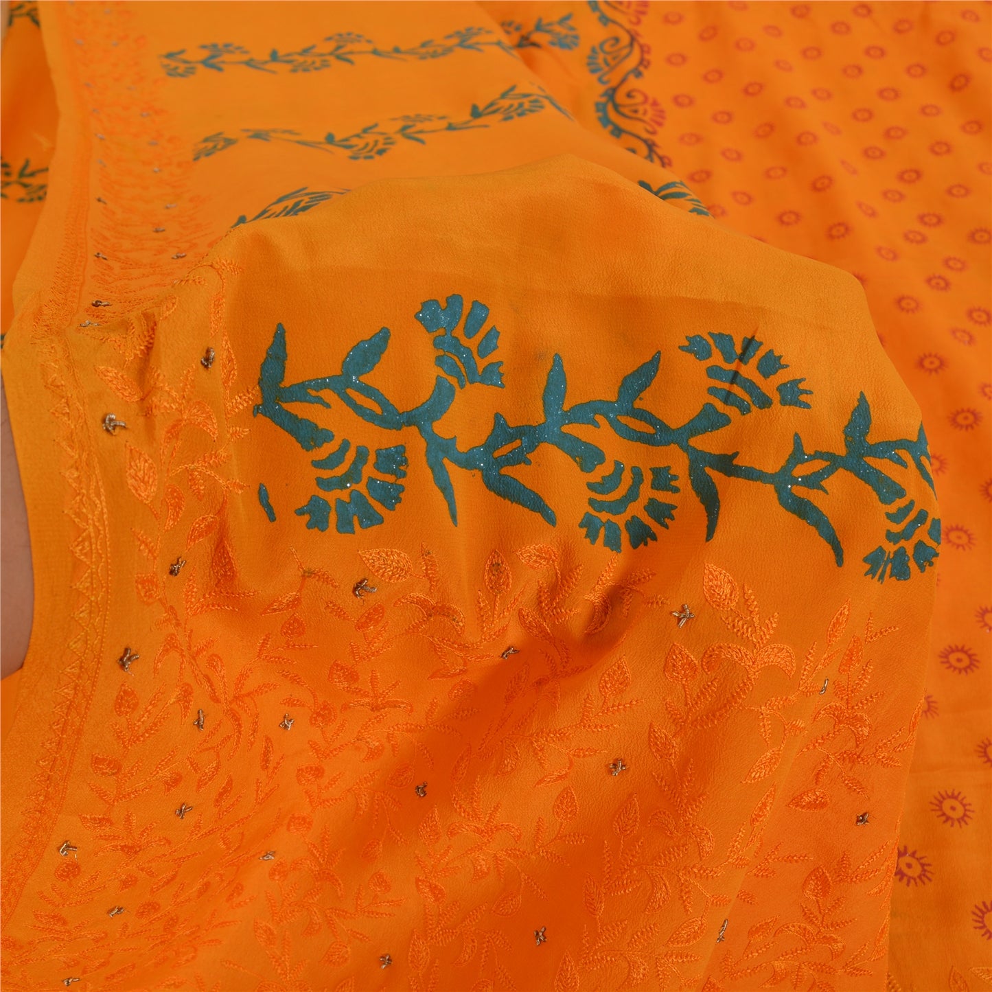 Sanskriti Vintage Sarees Hand Embroidery/Painted Saffron Pure Crepe Sari Fabric