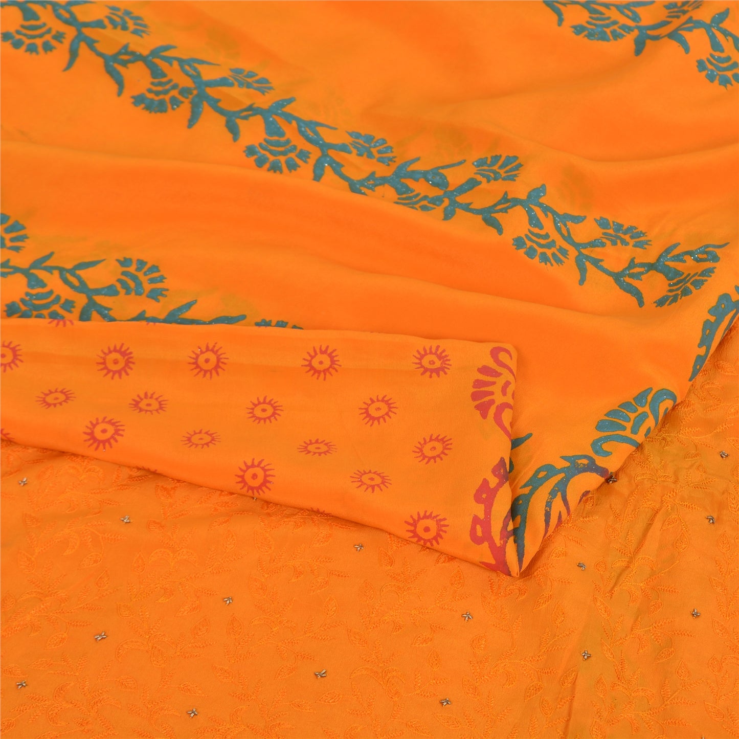 Sanskriti Vintage Sarees Hand Embroidery/Painted Saffron Pure Crepe Sari Fabric