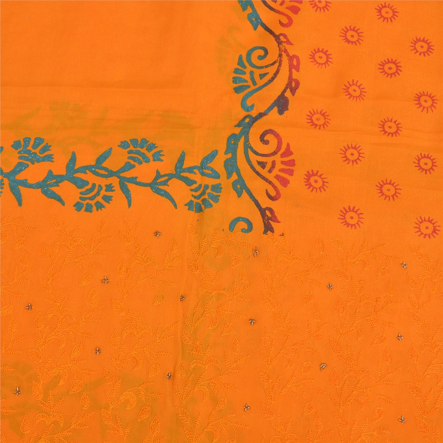 Sanskriti Vintage Sarees Hand Embroidery/Painted Saffron Pure Crepe Sari Fabric