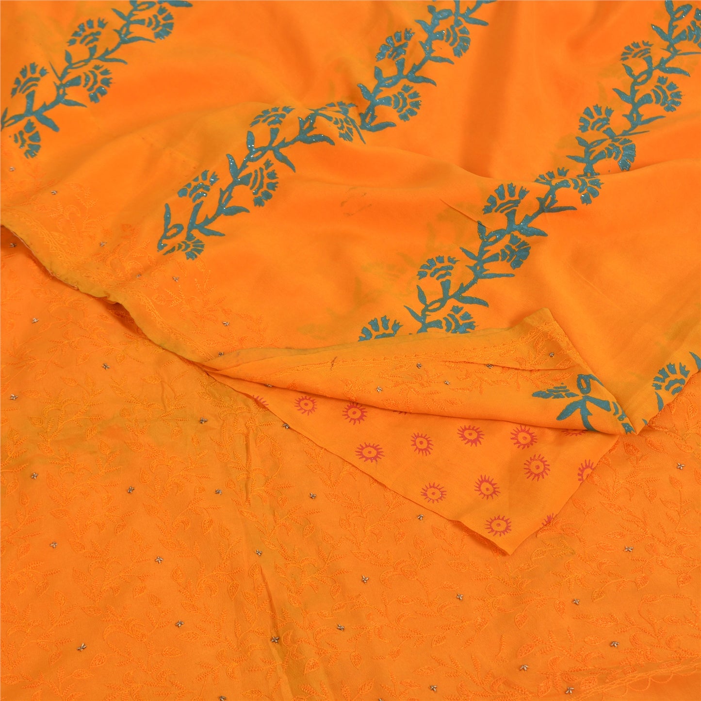 Sanskriti Vintage Sarees Hand Embroidery/Painted Saffron Pure Crepe Sari Fabric