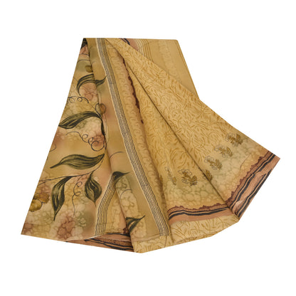 Sanskriti Vintage Sarees Cream Pure Crepe Silk Printed Sari 5yd Craft Fabric