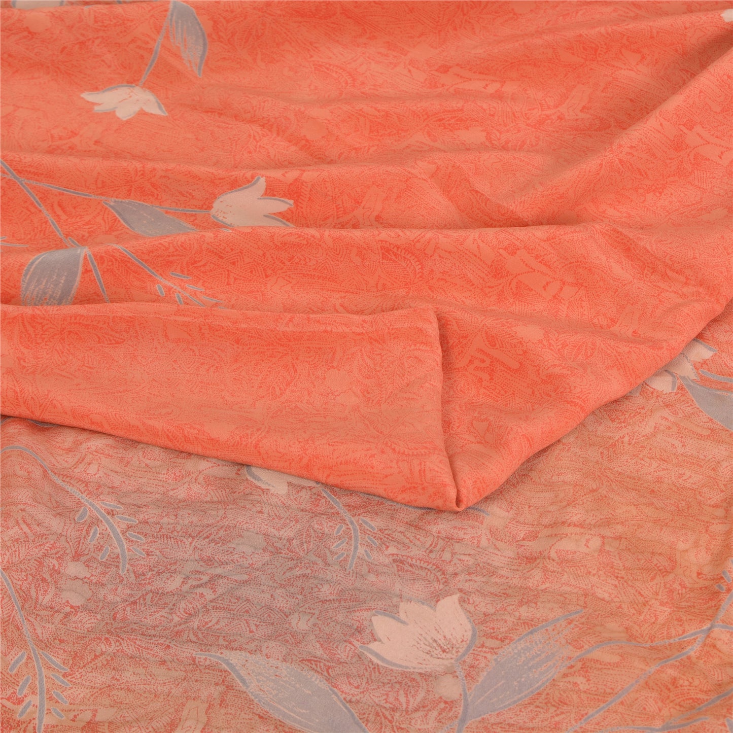 Sanskriti Vintage Sarees Peach Pure Crepe Silk Printed Sari 5yd SoftCraft Fabric