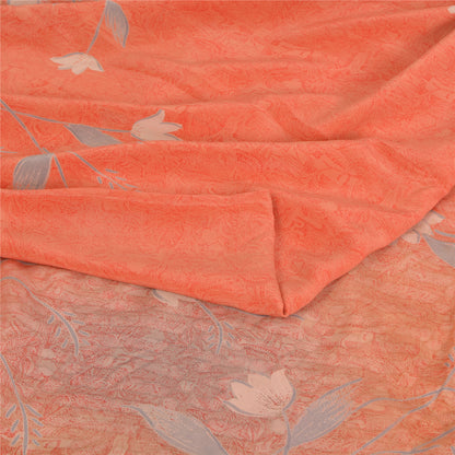 Sanskriti Vintage Sarees Peach Pure Crepe Silk Printed Sari 5yd SoftCraft Fabric