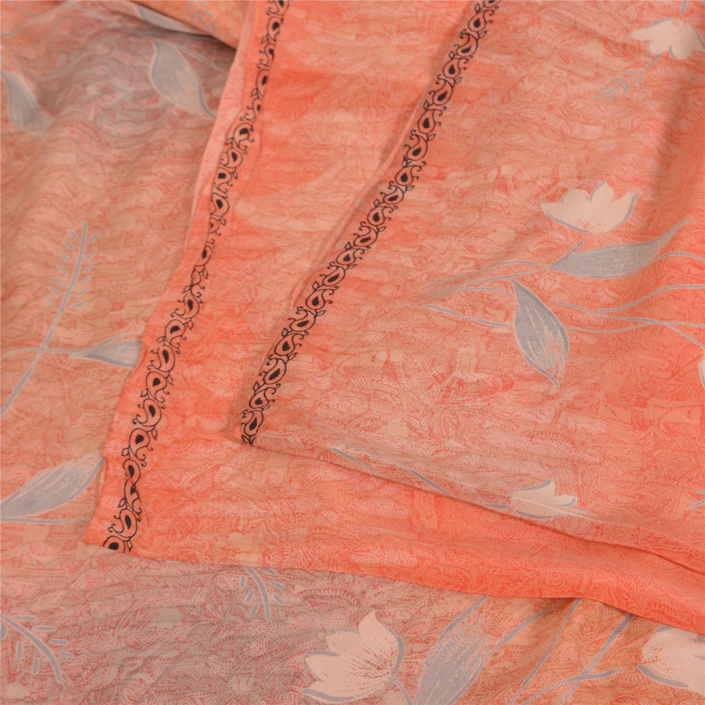 Sanskriti Vintage Sarees Peach Pure Crepe Silk Printed Sari 5yd SoftCraft Fabric