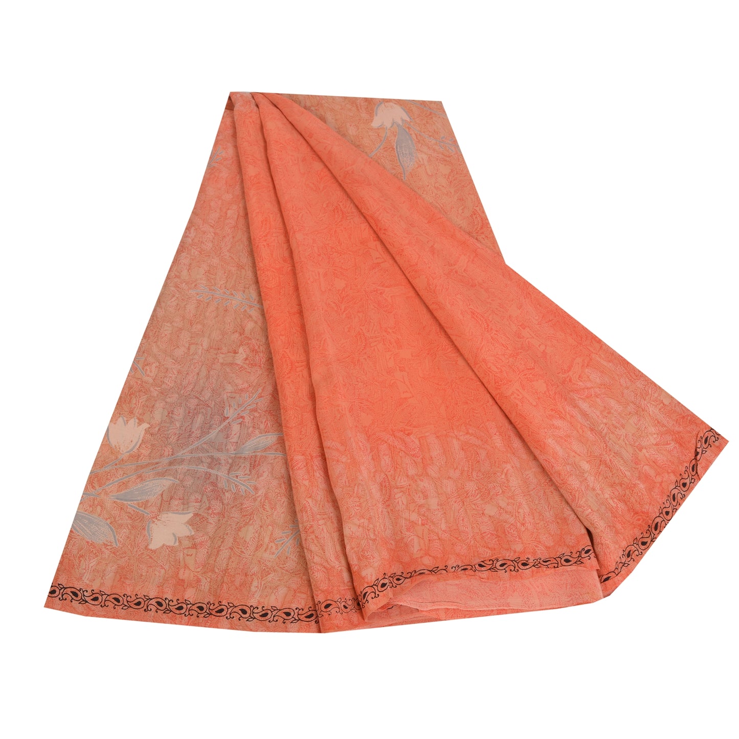 Sanskriti Vintage Sarees Peach Pure Crepe Silk Printed Sari 5yd SoftCraft Fabric