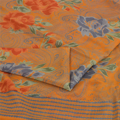 Sanskriti Vintage Sarees Saffron Pure Crepe Silk Printed Sari 5yd Craft Fabric