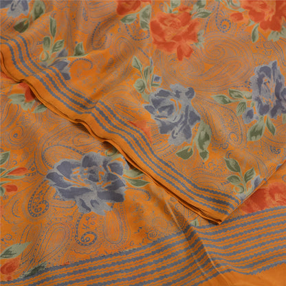 Sanskriti Vintage Sarees Saffron Pure Crepe Silk Printed Sari 5yd Craft Fabric