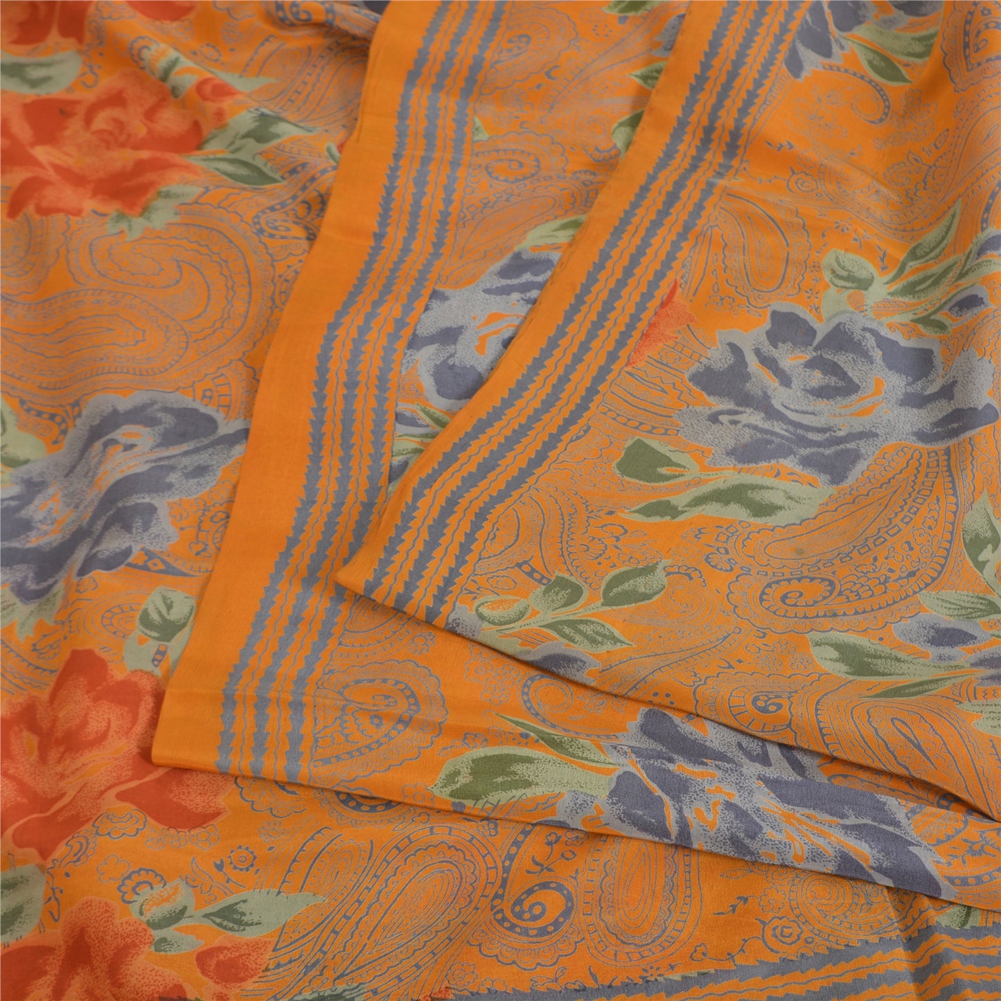 Sanskriti Vintage Sarees Saffron Pure Crepe Silk Printed Sari 5yd Craft Fabric