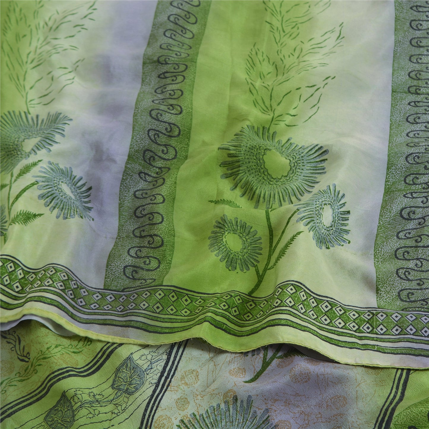 Sanskriti Vintage Sarees Green/Purple Pure Crepe Silk Printed Sari 5yd Fabric