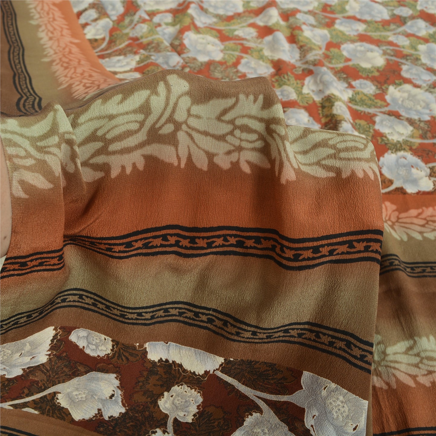 Sanskriti Vintage Sarees Orange Pure Crepe Silk Printed Sari 5yd Craft Fabric