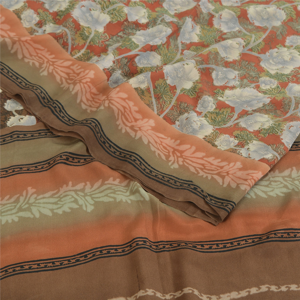 Sanskriti Vintage Sarees Orange Pure Crepe Silk Printed Sari 5yd Craft Fabric