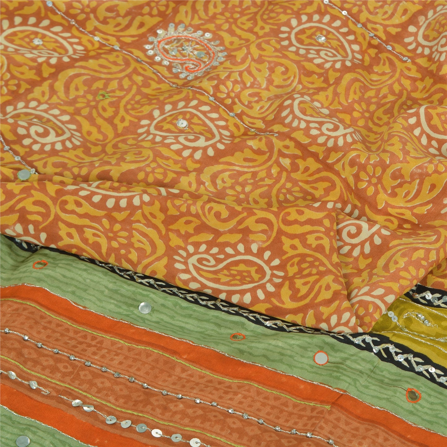 Sanskriti Vintage Sarees Orange Pure Crepe Hand Bead Sequins Printed Sari Fabric