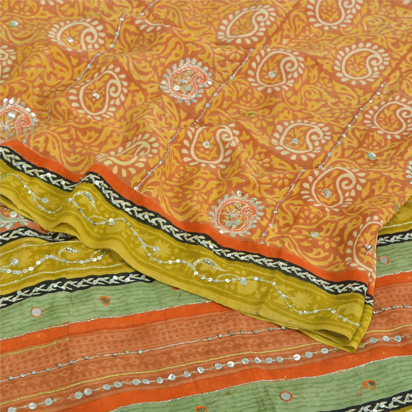 Sanskriti Vintage Sarees Orange Pure Crepe Hand Bead Sequins Printed Sari Fabric