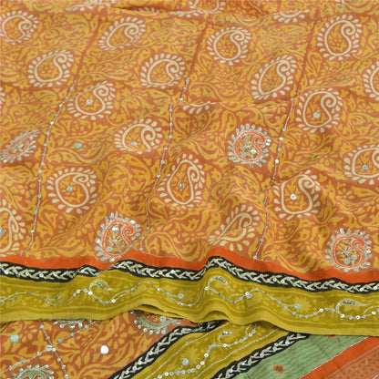 Sanskriti Vintage Sarees Orange Pure Crepe Hand Bead Sequins Printed Sari Fabric