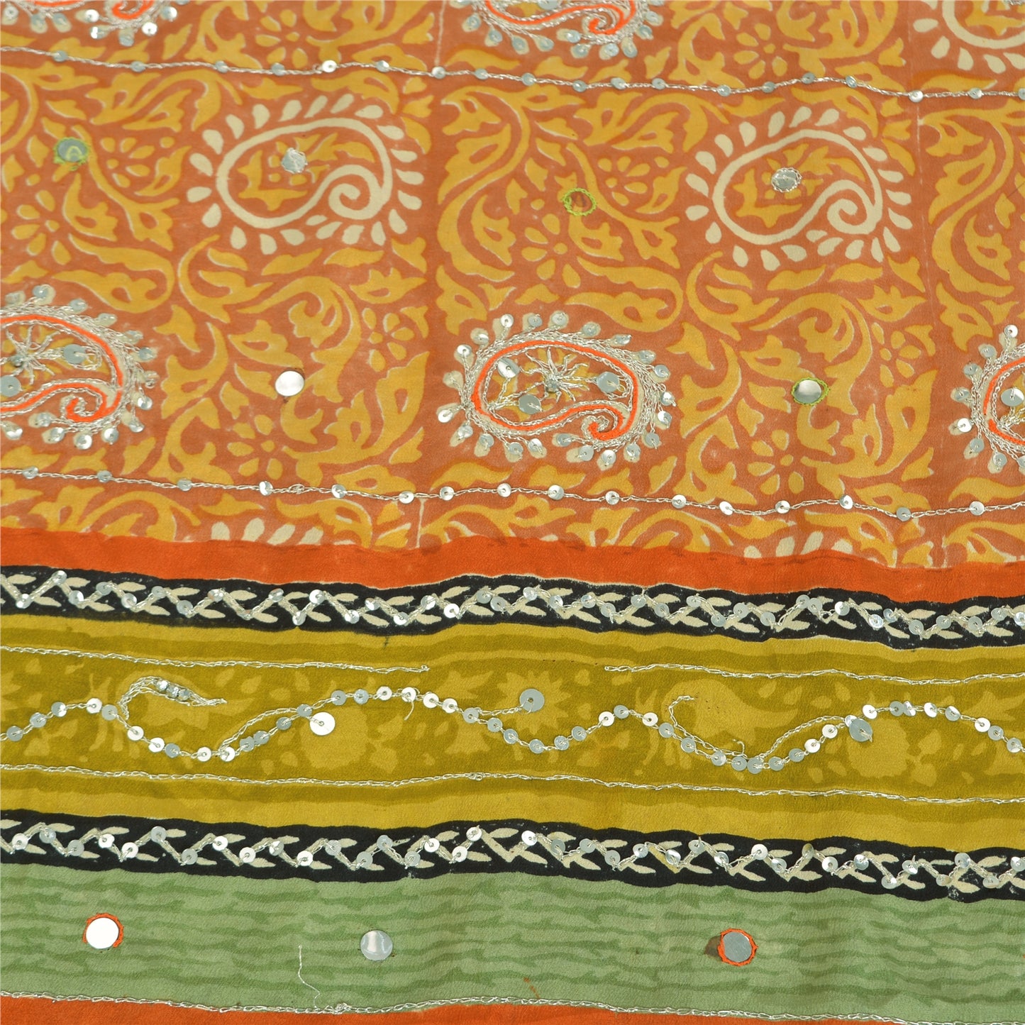 Sanskriti Vintage Sarees Orange Pure Crepe Hand Bead Sequins Printed Sari Fabric