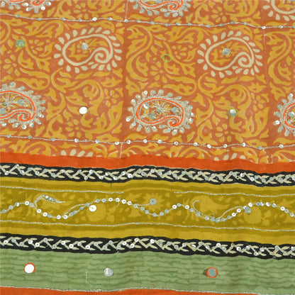 Sanskriti Vintage Sarees Orange Pure Crepe Hand Bead Sequins Printed Sari Fabric