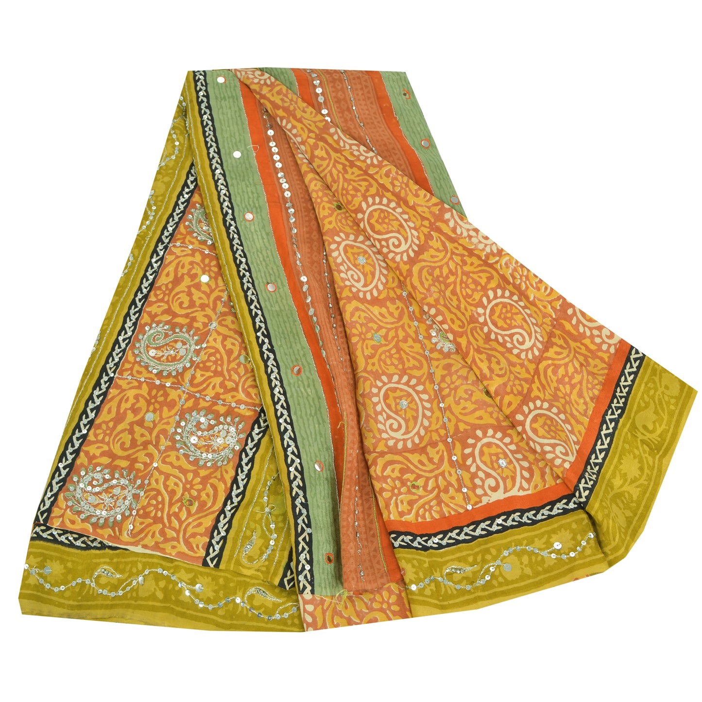 Sanskriti Vintage Sarees Orange Pure Crepe Hand Bead Sequins Printed Sari Fabric