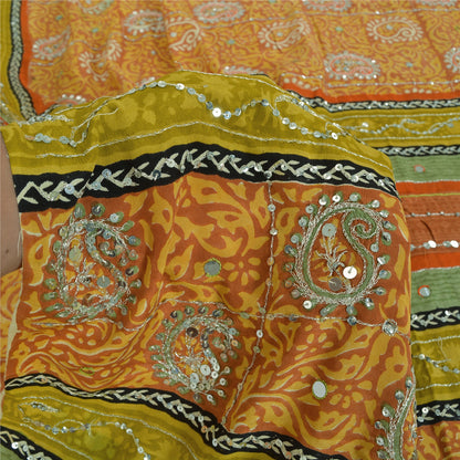 Sanskriti Vintage Sarees Orange Pure Crepe Hand Bead Sequins Printed Sari Fabric