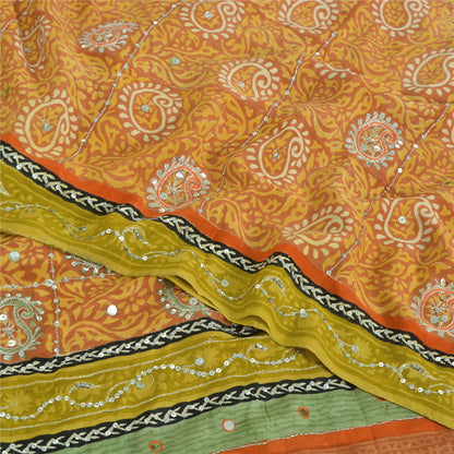 Sanskriti Vintage Sarees Orange Pure Crepe Hand Bead Sequins Printed Sari Fabric