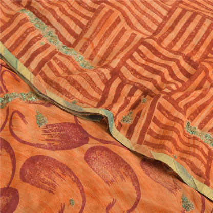 Sanskriti Vintage Sarees Orange Pure Crepe Silk Printed Sari 5yd Craft Fabric