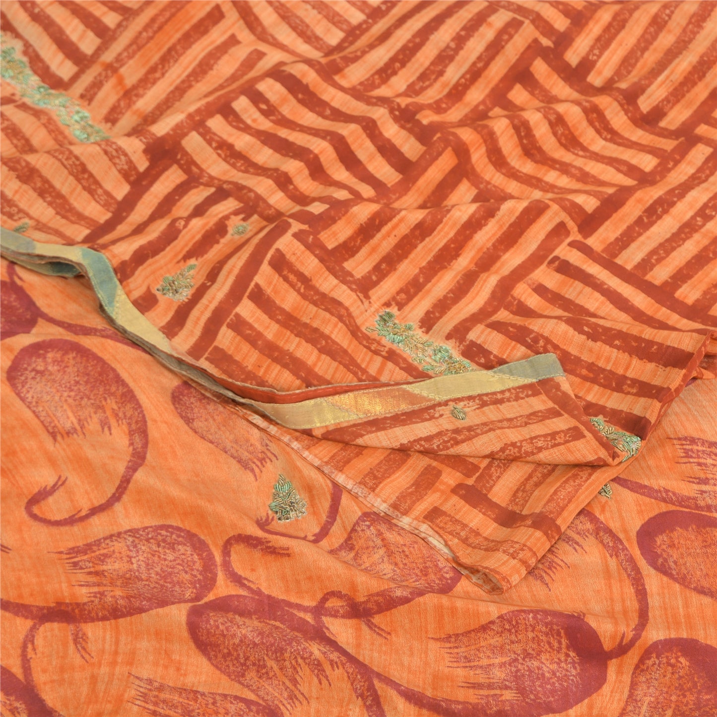 Sanskriti Vintage Sarees Orange Pure Crepe Silk Printed Sari 5yd Craft Fabric