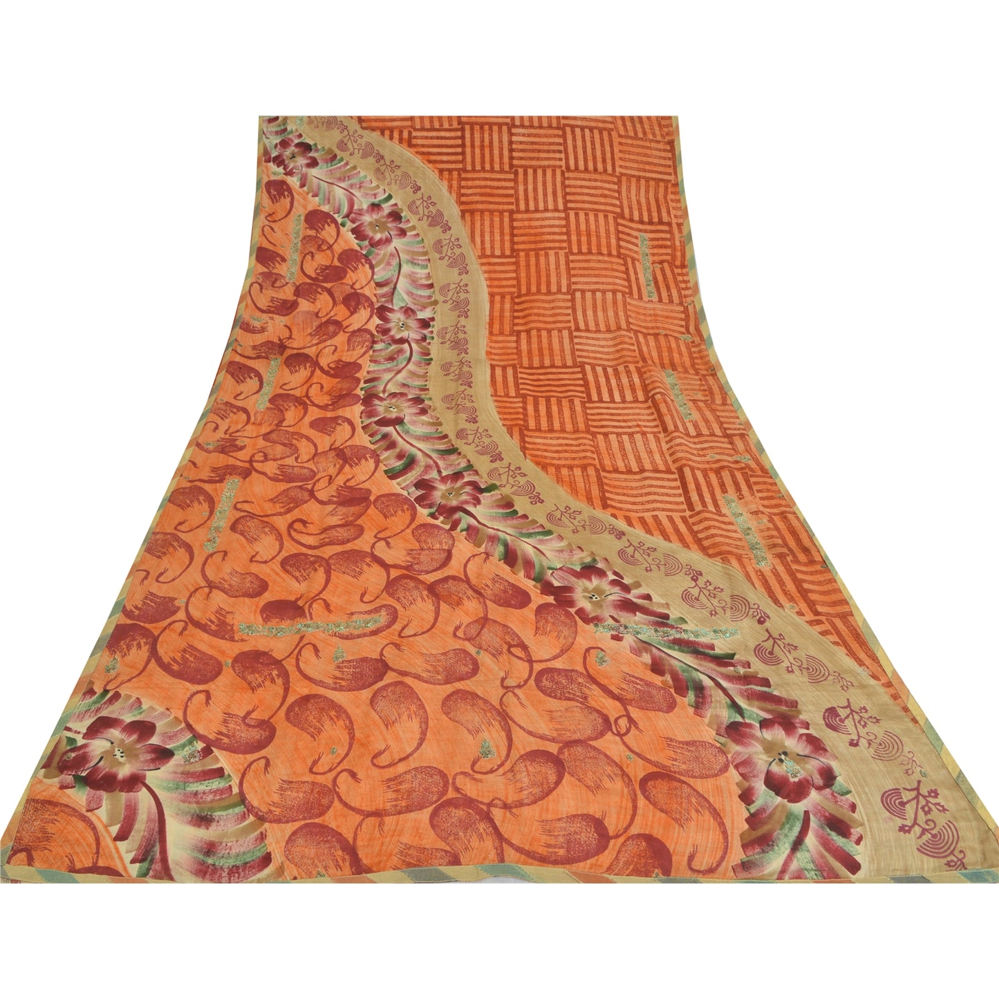 Sanskriti Vintage Sarees Orange Pure Crepe Silk Printed Sari 5yd Craft Fabric