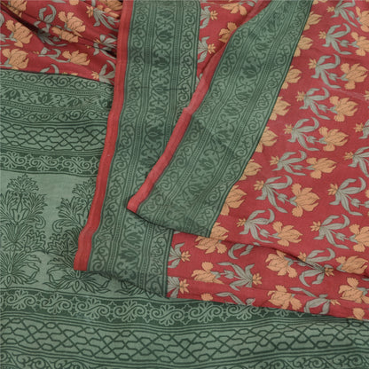 Sanskriti Vintage Sarees Red/Green Pure Crepe Silk Printed Sari 5yd Craft Fabric