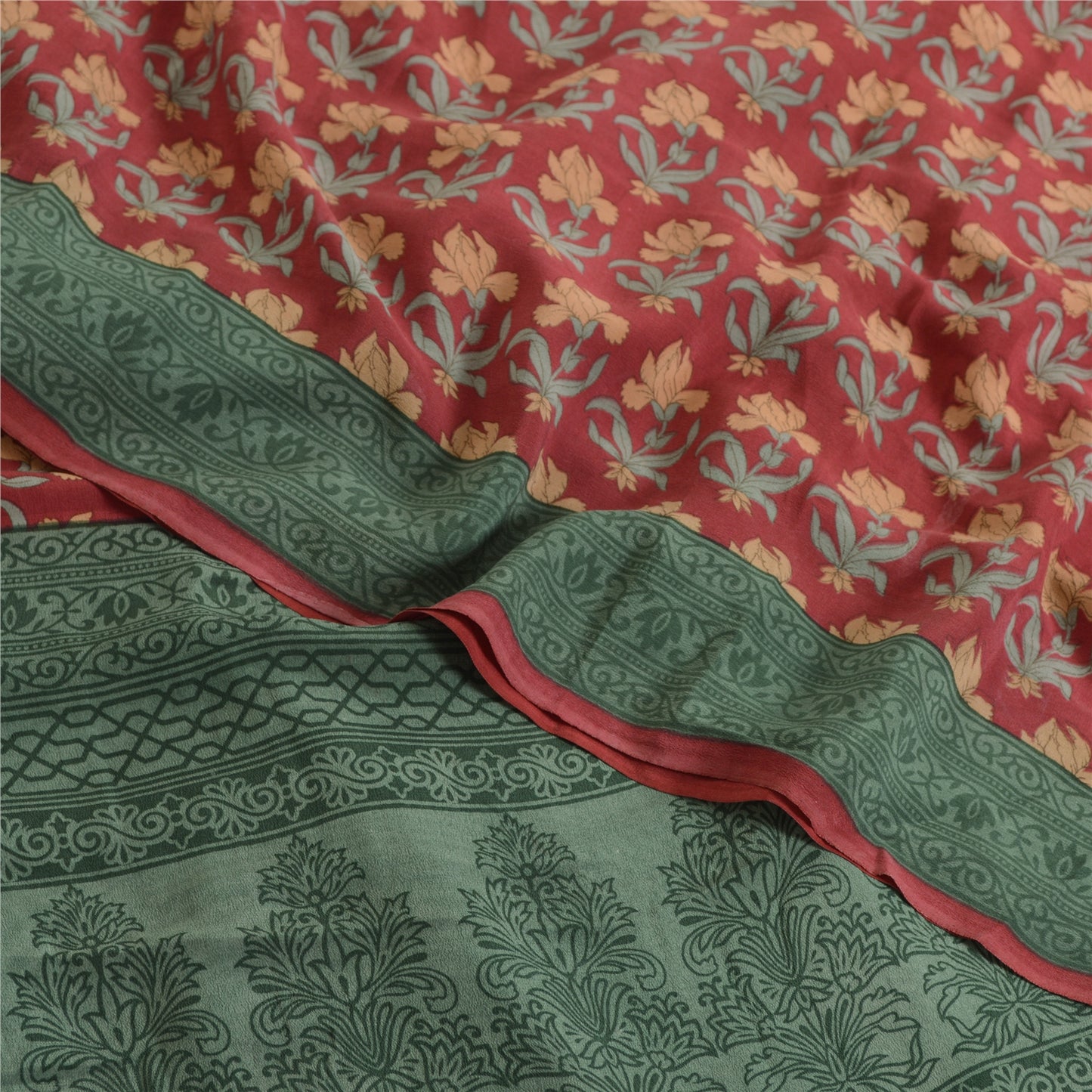 Sanskriti Vintage Sarees Red/Green Pure Crepe Silk Printed Sari 5yd Craft Fabric