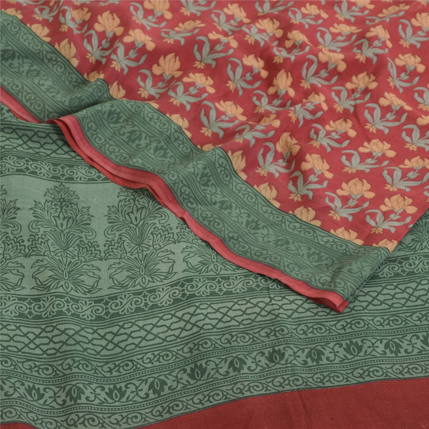 Sanskriti Vintage Sarees Red/Green Pure Crepe Silk Printed Sari 5yd Craft Fabric