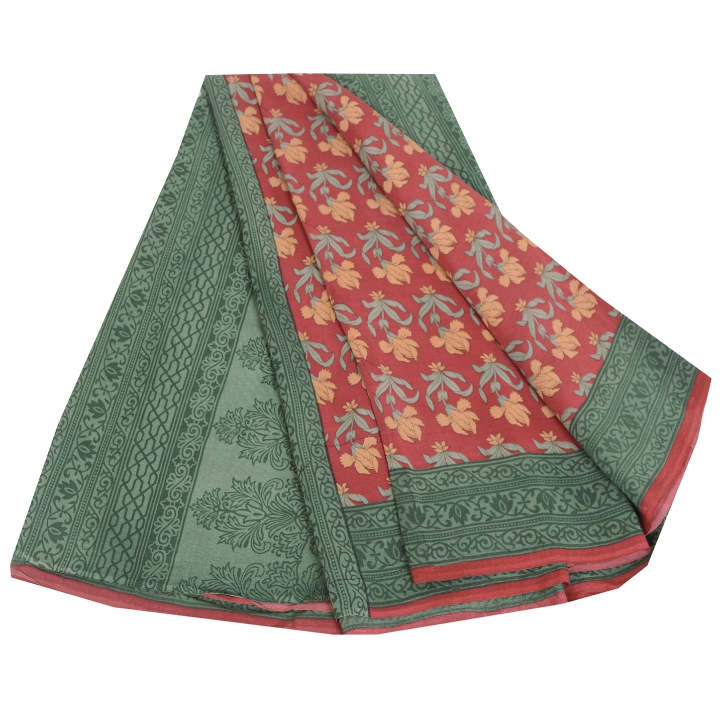 Sanskriti Vintage Sarees Red/Green Pure Crepe Silk Printed Sari 5yd Craft Fabric