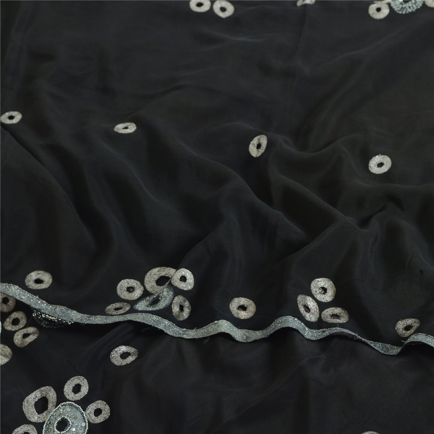 Sanskriti Vintage Sarees Black Hand Beaded Cut Work Pure Crepe Sari 6yd Fabric