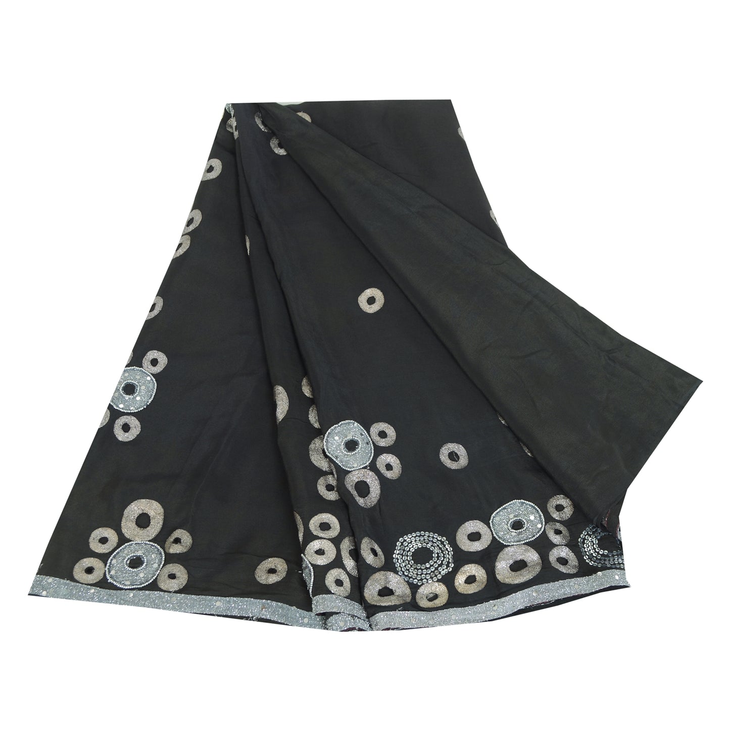 Sanskriti Vintage Sarees Black Hand Beaded Cut Work Pure Crepe Sari 6yd Fabric