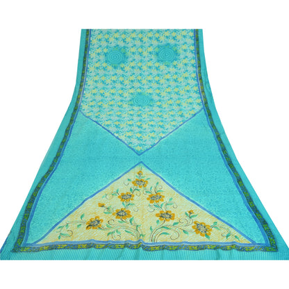 Sanskriti Vintage Sarees Blue Pure Crepe Silk Printed Sari 5yd Craft Fabric