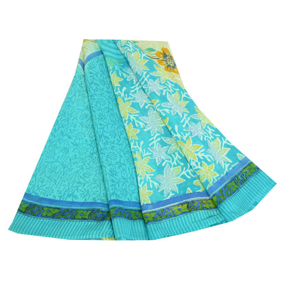 Sanskriti Vintage Sarees Blue Pure Crepe Silk Printed Sari 5yd Craft Fabric