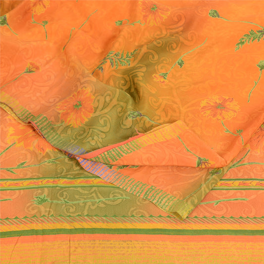 Sanskriti Vintage Sarees Orange/Green Pure Crepe Silk Printed Sari Craft Fabric