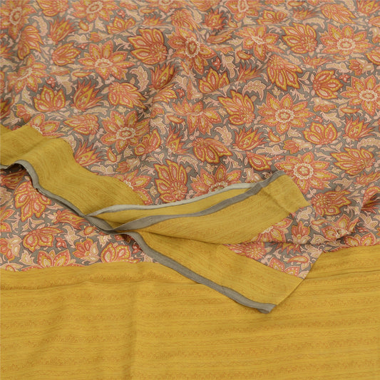 Sanskriti Vintage Sarees Gray 100% Pure Crepe Silk Printed Sari 5yd Craft Fabric